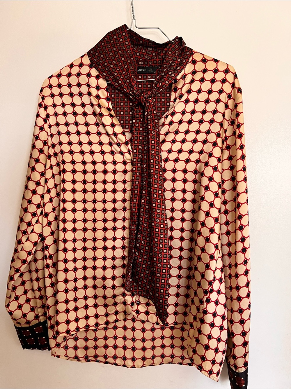 Zara Cream and Burgundy Geometric Tie-Neck Blouse